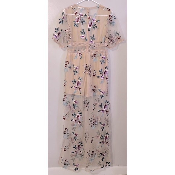 Honey Belle nude romper, shorts w/sheer overlay, floral/flower embroidery design - Picture 2 of 9